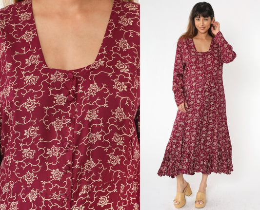 90s Burgundy Floral Maxi Dress Button-Up Long Sleeve Square Neck Extra Large XXL