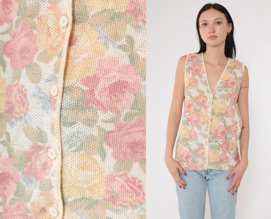 90s Floral Knit Vest Pink Yellow Rose Print Button-Up Sleeveless Medium
