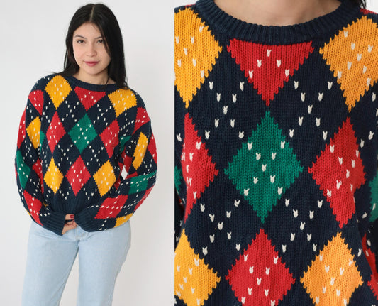 90s LizSport Argyle Sweater Navy Crewneck Pullover Cotton Ramie Medium