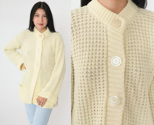 70s Cream Yellow Waffle Knit Cardigan Button-Up Ribbed Collar Pockets Medium Large