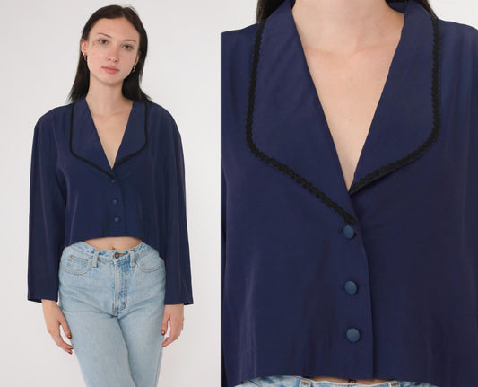 80s Navy Cropped Button-Up Blouse Black Trim Collar Long Sleeve Large
