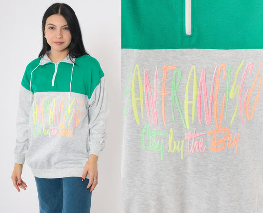 80s San Francisco Color Block Sweatshirt Half Zip Neon Graphic Medium Large