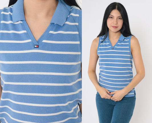 Y2K Tommy Jeans Striped Tank Top Blue White Collared V-Neck Small