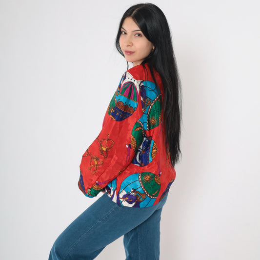 90s Hot Air Balloon Cherub Celestial Jacket Red Multicolor Button Up Medium