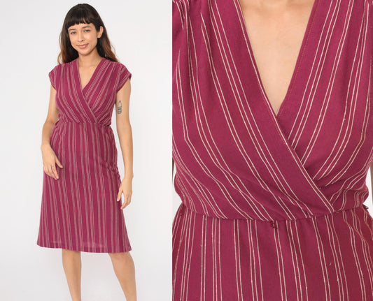 70s Purple Striped Wrap Midi Dress V Neck Cap Sleeve Small