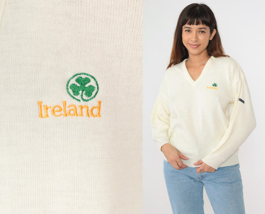 80s Blarney Castle Irish Sweater Off-White Shamrock V-Neck Knit Medium