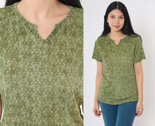 90s Olive Green Geometric Lattice Print Top Split V-Neck Short Sleeve Medium Large