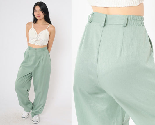 90s Light Green Pleated High-Waist Tapered Trousers Medium