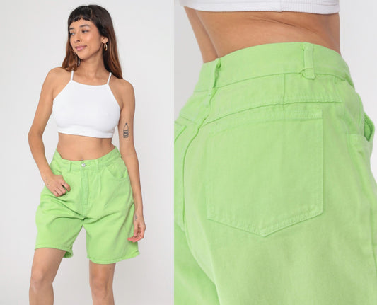 90s Lime Green Denim Shorts High Waist Jean Shorts Cotton Large 12