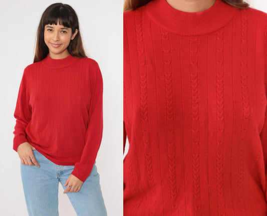 90s Alison Daley Red Cable Knit Mock Neck Sweater Large L