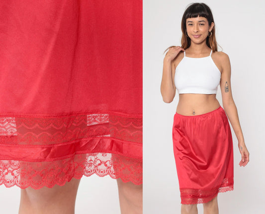 80s Vanity Fair Red Lace Half Slip Knee-Length Nylon Medium