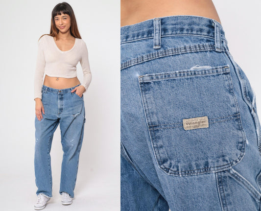 00s Wrangler Y2K High Rise Straight Leg Jeans Hammer Loop Faded Blue 36x30