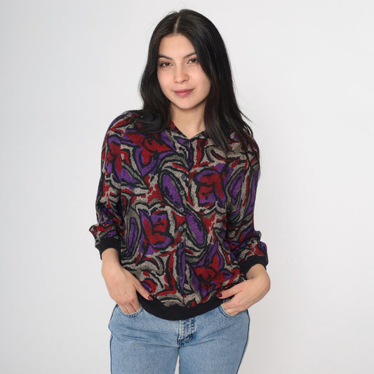 90s Abstract Floral Rayon Button Up Blouse Black 3/4 Sleeve Small S