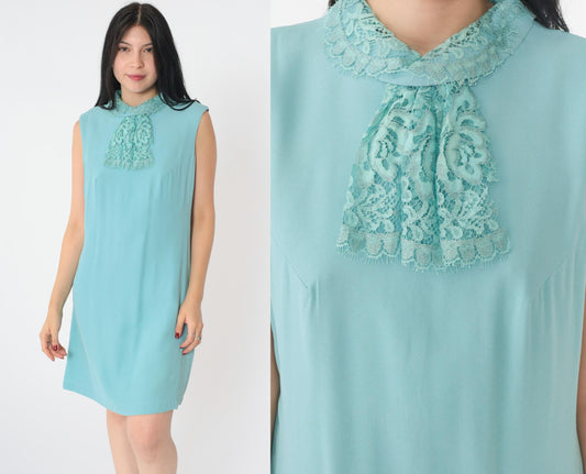 60s Mod Blue Shift Dress Lace Jabot Collar Sleeveless Mini Small Medium