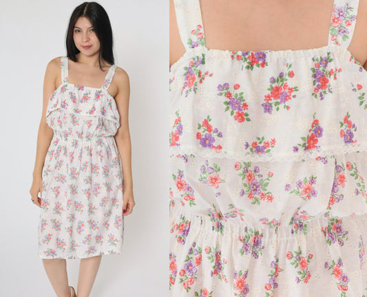70s White Floral Midi Sun Dress High Elastic Waist Tank Straps Small Medium