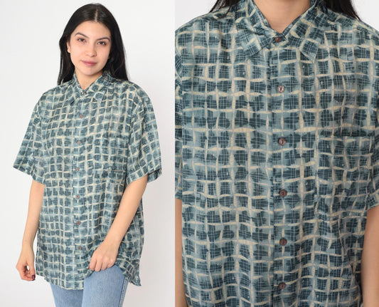 90s Robert Stock Silk Shirt Blue Geometric Print Button Up Small