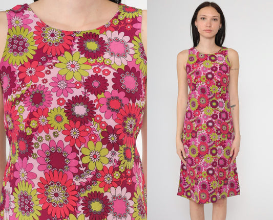 90s Floral Midi Sundress Shift Sleeveless Pink Purple Lime Green 2XS