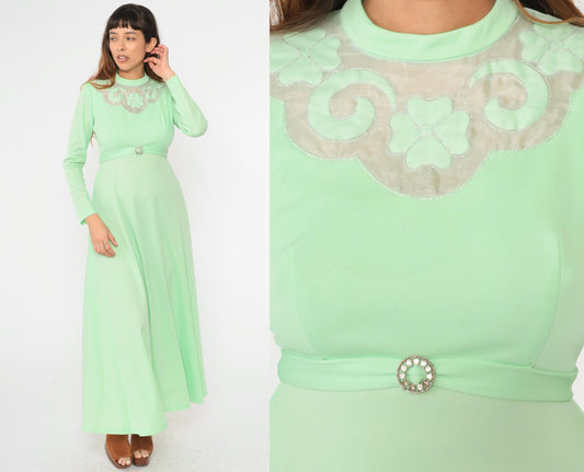 70s Mint Green Maxi Dress Embroidered Mesh Yoke Rhinestone Buckle Small