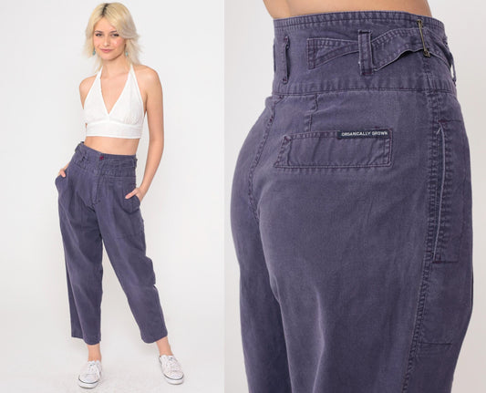 80s Purple High-Waisted Pleated Tapered Trousers Cotton Small 7