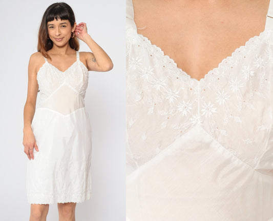 60s White Floral Embroidered Slip Dress High Waist Spaghetti Strap Mini 36