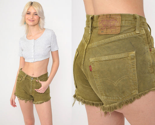 90s Levi's 501 Olive Denim Cutoff Shorts High Waist Frayed Extra Small