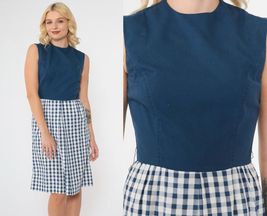 1960s Gingham Mini Dress Dark Blue High Waist Sleeveless Pleated Extra Small