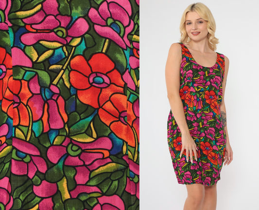 90s Floral Mini Dress V Back Sheath Red Magenta Rayon Sleeveless Medium 8