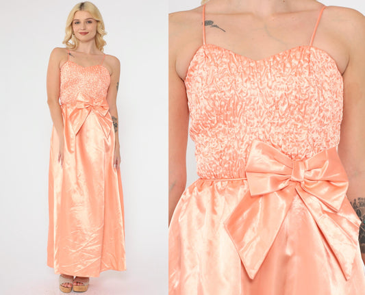80s Peach Satin Maxi Gown Sweetheart Neckline Bow Waist Ruched XXS