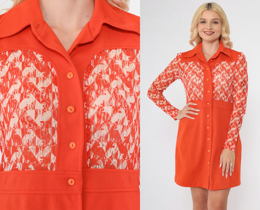 70s Mod Animal Print Mini Dress Orange Lace Collared Button-Up Small