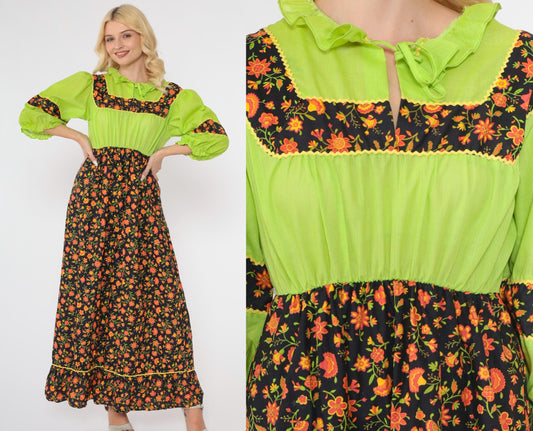 70s Floral Maxi Dress Lime Green Black Orange Puff Sleeve High Waist Small