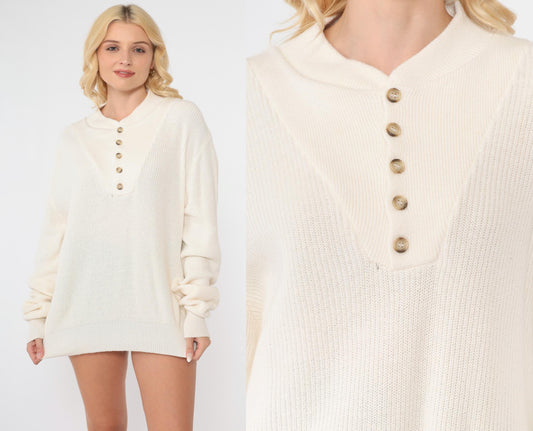 90s St. John's Bay Henley Sweater Cream Cotton Knit Medium