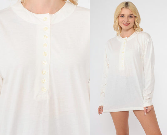90s Plain White Henley Long Sleeve T-Shirt Button Front Small