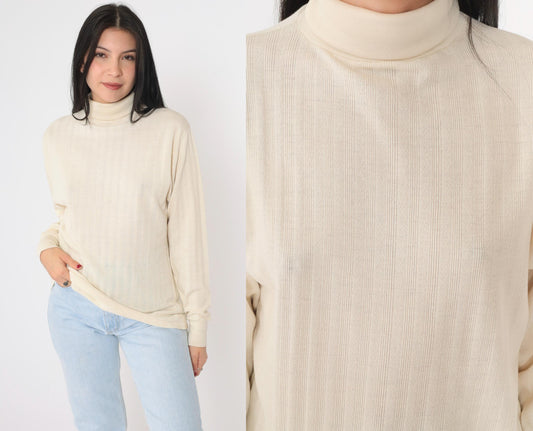 70s Cream Ribbed Turtleneck Long Sleeve Knit Top Medium