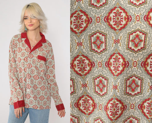 70s Towncraft Pajama Shirt Geometric Button Up Grey Red Medium