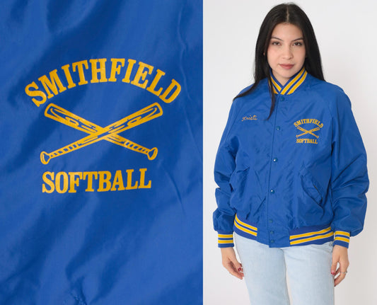 80s Smithfield Softball Bomber Jacket Blue Nylon Snap Kristi Medium
