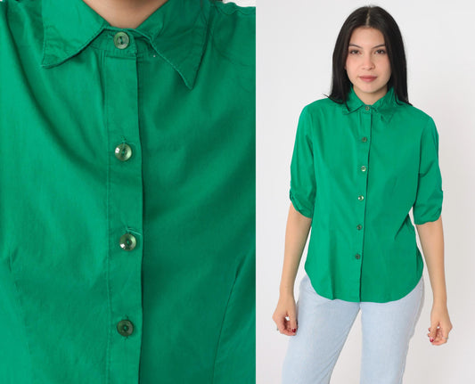 90s Kelly Green Button-Up Blouse Princess Seam Fitted Collared Top Medium