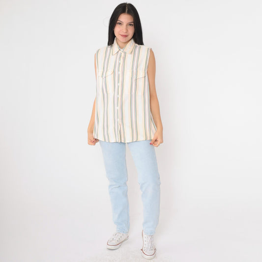 90s Westport Striped Cotton Tank Top Multicolour Chest Pocket Collar Medium M