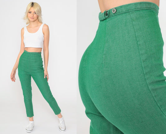 60s Kelly Green High-Waisted Slim Trousers Side Zip Ankle Extra Small