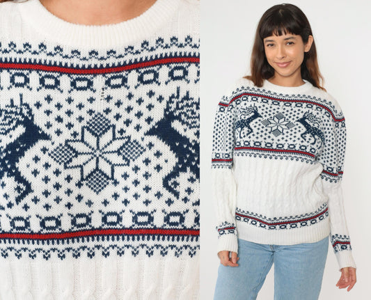 80s Reindeer Fair Isle Sweater White Nordic Snowflake Crewneck Medium