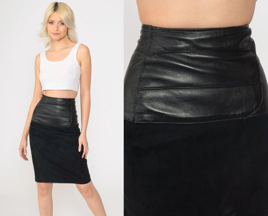 90s Black Leather Suede Mini Pencil Skirt High Rise Rear Zip Extra Small