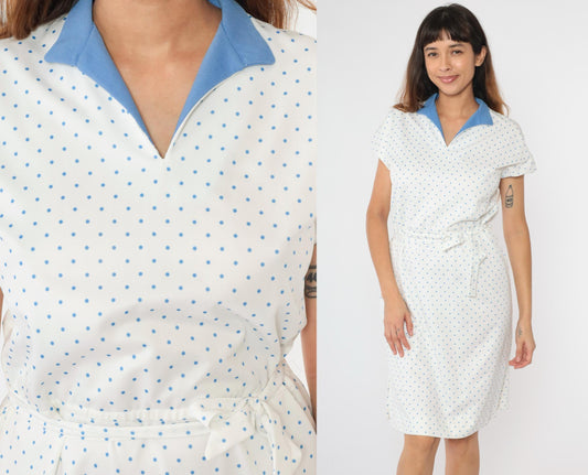 70s White Polka Dot Midi Dress V-Neck High Waist Cap Sleeve Medium Large