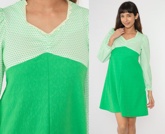 70s Bright Green Polka Dot Mini Dress Empire Waist Puff Sleeve Medium