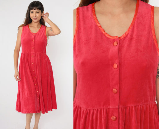 90s Red Velour Button-Up Midi Dress Sleeveless High Waist Medium Petite