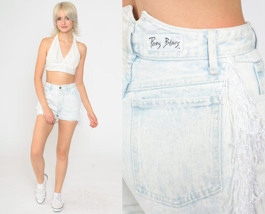 90s Paris Blues Light Blue Denim Cutoff Shorts High Waisted Fringe Small