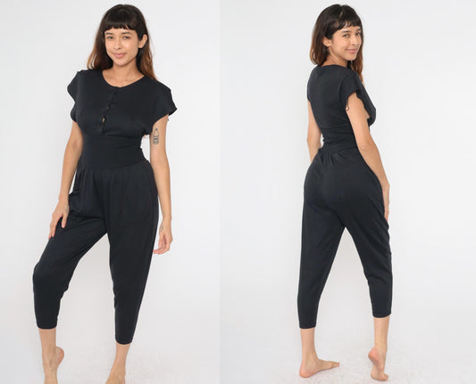 80s Black Button-Up Jumpsuit High Waist Dolman Sleeve Cropped Tapered Small