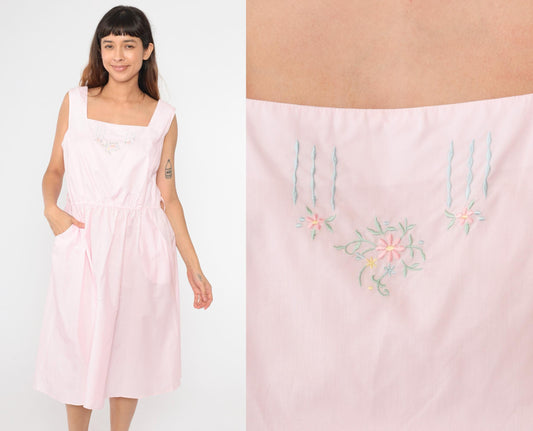 80s Miss Joni of California Baby Pink Floral Midi Dress Cutout Back Extra Large