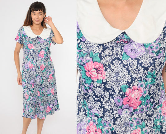 80s Floral Midi Dress Peter Pan Collar High Waisted Pockets Blue Pink Purple Large