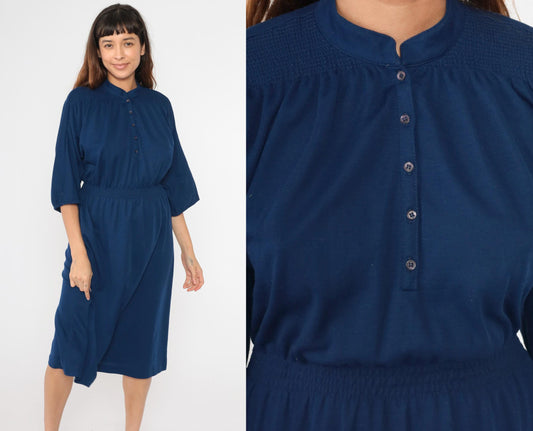 80s Leslie Fay Navy Mandarin Collar Shirtdress Midi Button-Up Small