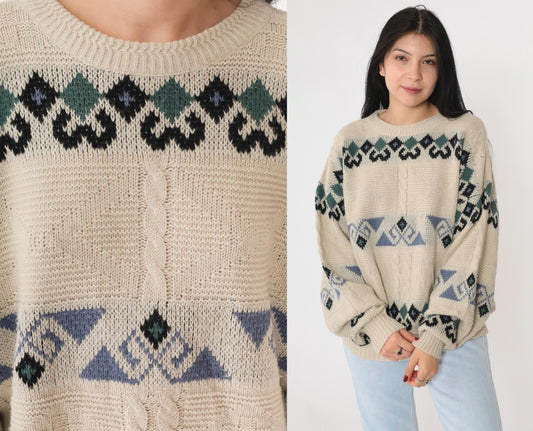 90s Beige Geometric Cable Knit Crewneck Sweater Jacquard Pullover Large L