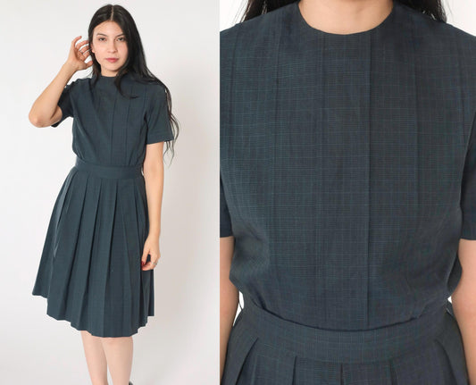 1960s Grey Checkered Pleated Day Dress High Waist Button Back Small